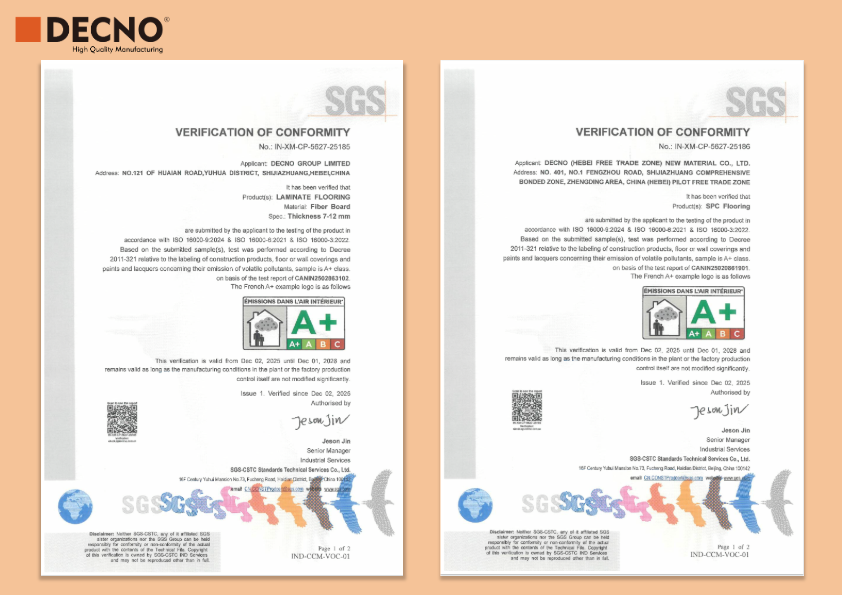 DECNO SPC- und Laminatböden erhalten französische A -Zertifizierung